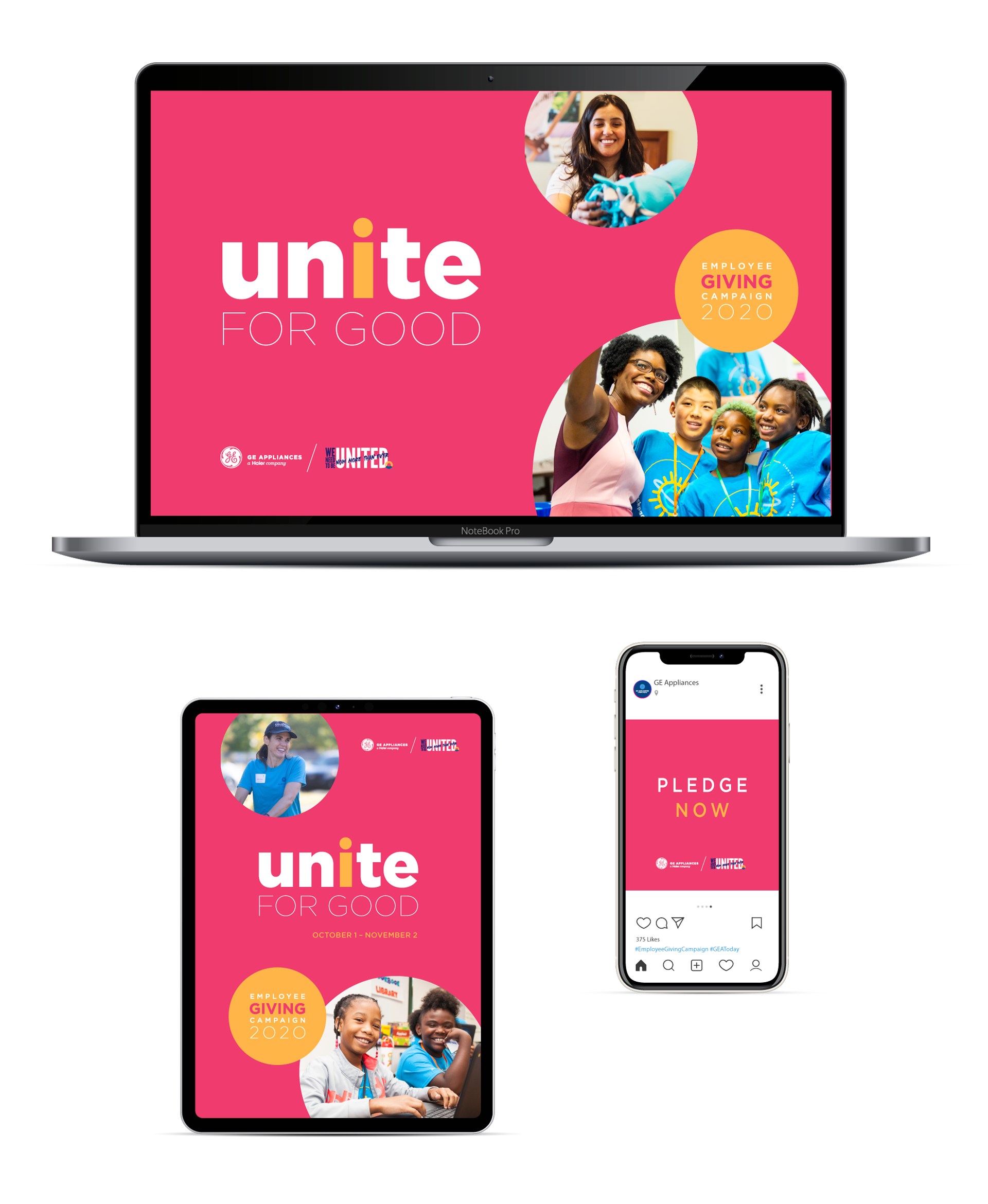 United for Good brand on laptop, tablet, and in Instagram on a mobile device