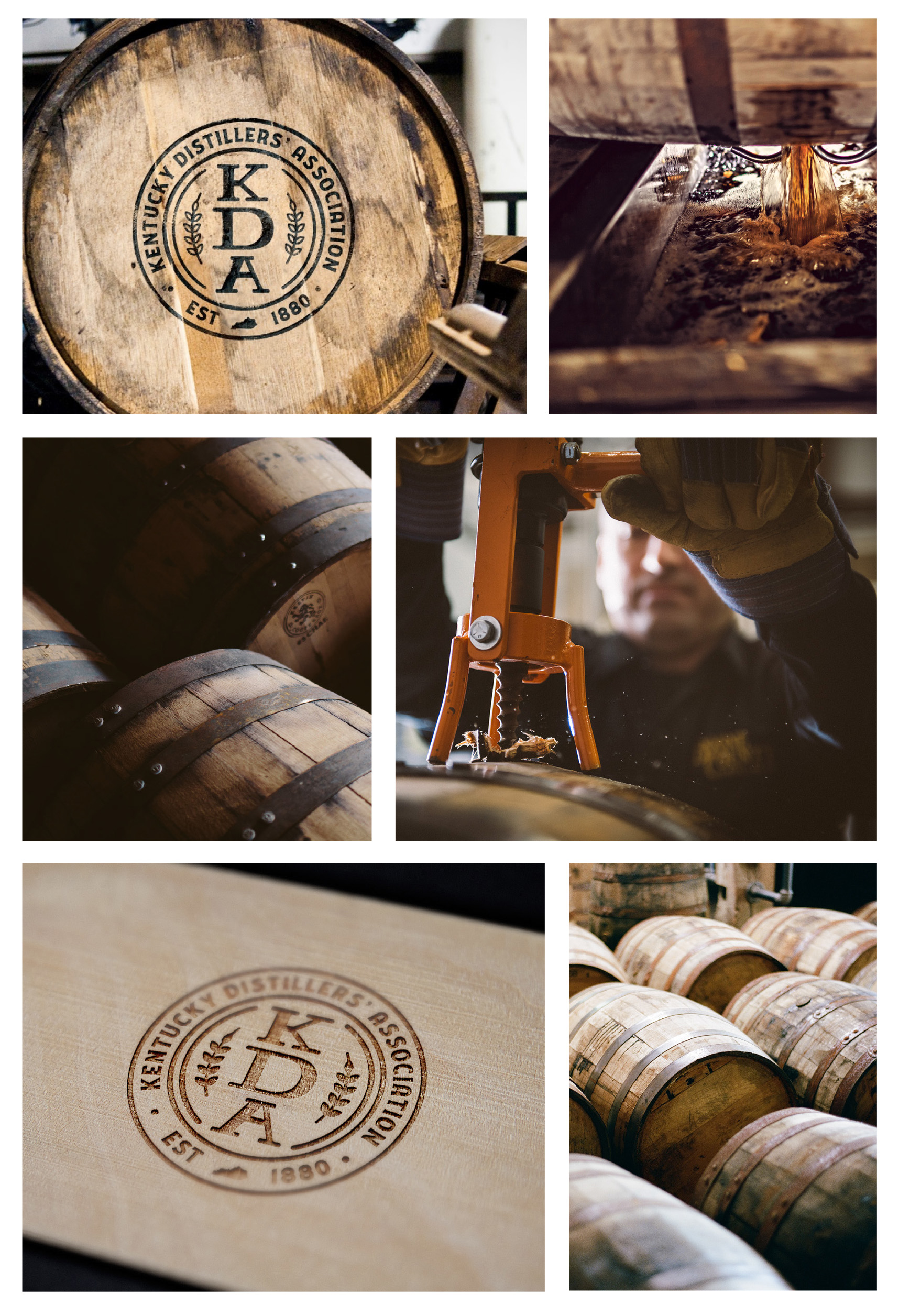Photos of the KDA logo burned or carved in bourbon barrels